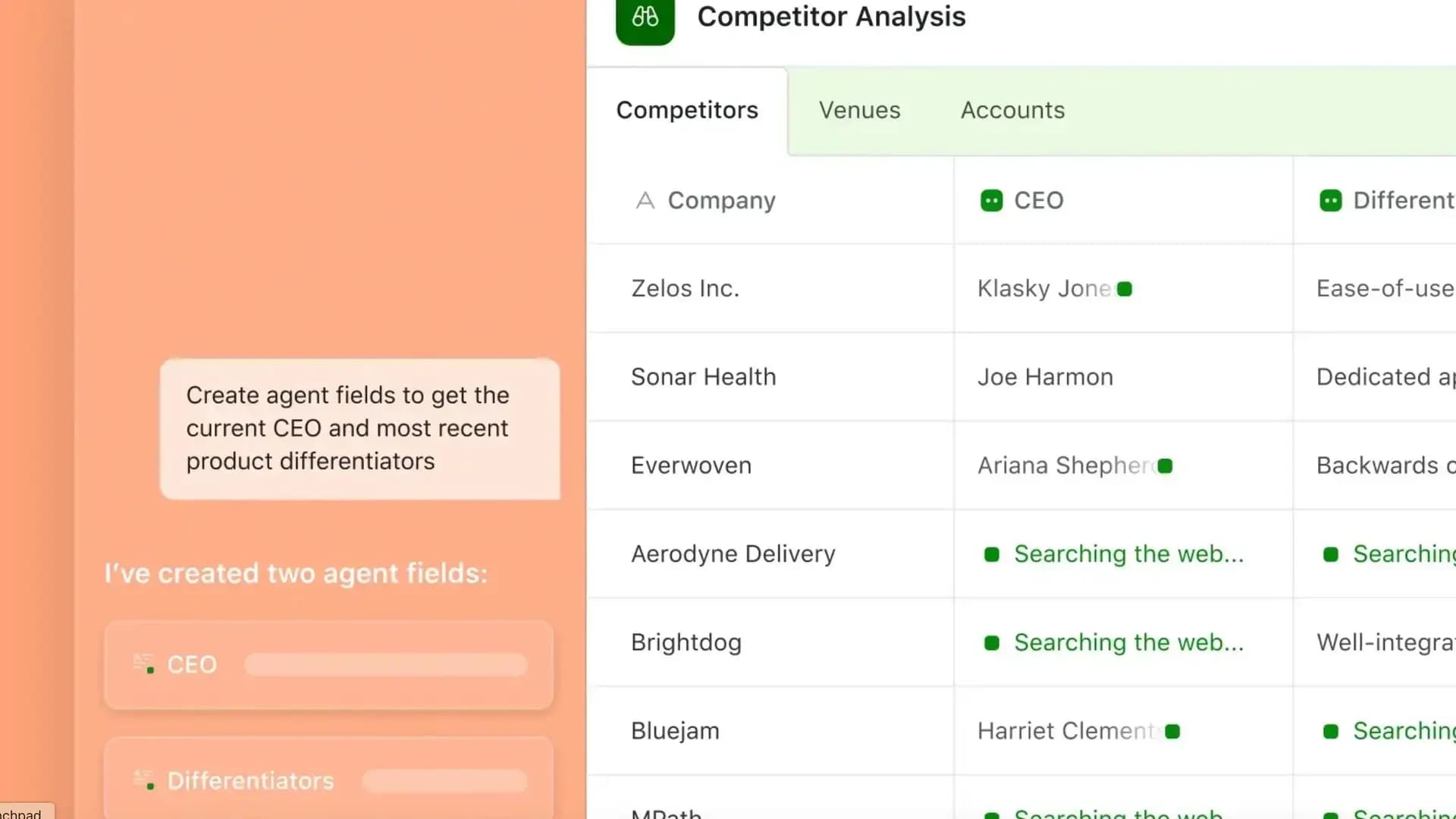 AI agents product interface showing a competitor analysis table